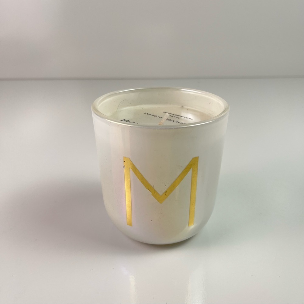 White Iridescent Monogram Gold Initial “M” Candle Warm Amber Scent 9.5 oz